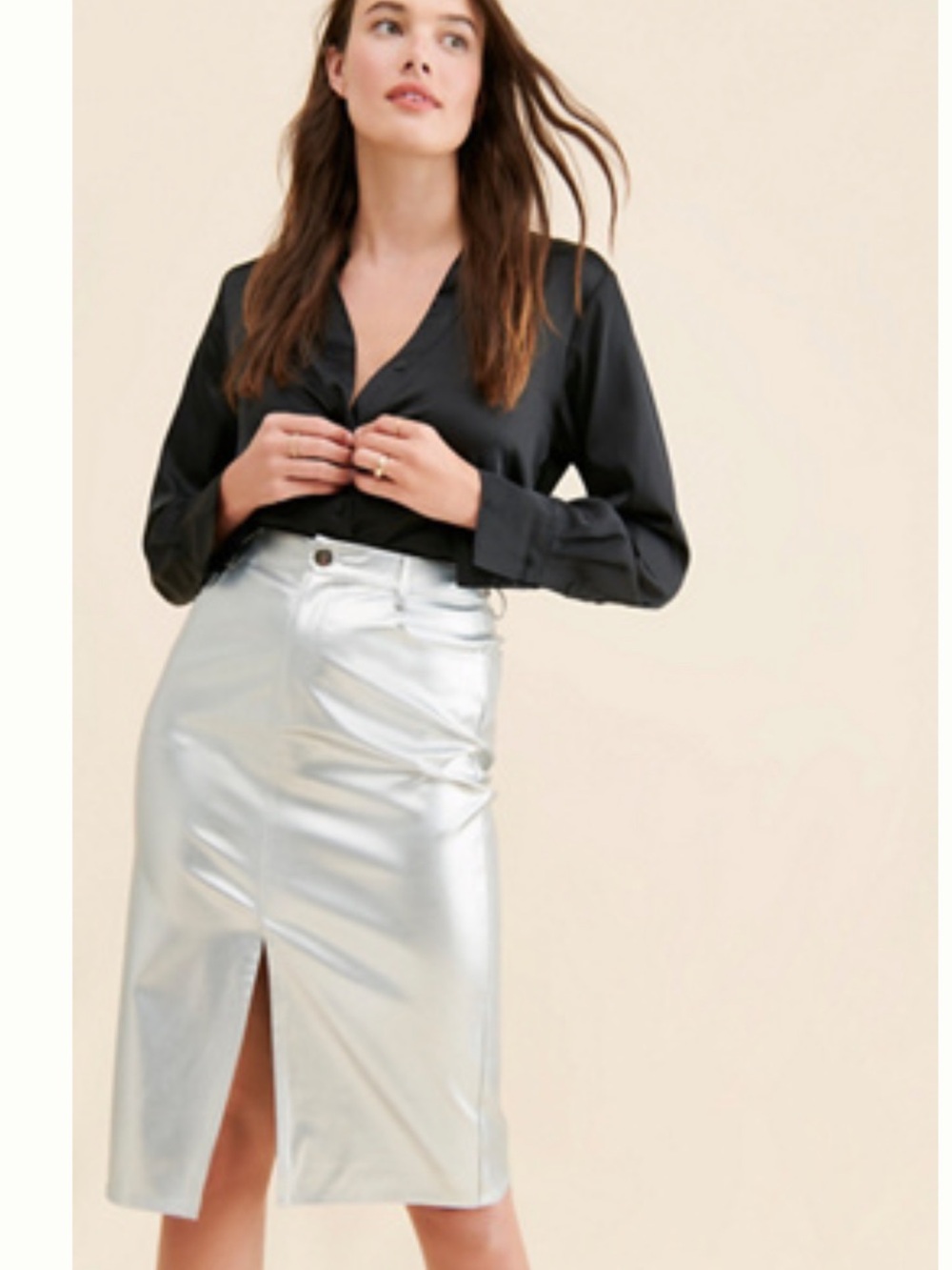 Metallic Silver Faux Leather Midi Skirt